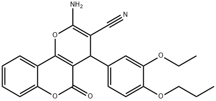 2-amino-4-(3-ethoxy-4-propoxyphenyl)-5-oxo-4H,5H-pyrano[3,2-c]chromene-3-carbonitrile Struktur