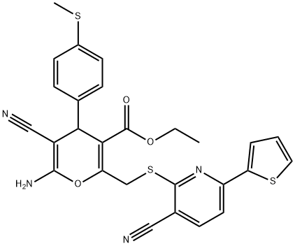 ethyl 6-amino-5-cyano-2-({[3-cyano-6-(2-thienyl)-2-pyridinyl]sulfanyl}methyl)-4-[4-(methylsulfanyl)phenyl]-4H-pyran-3-carboxylate Struktur