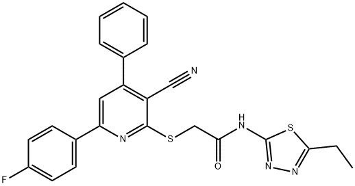 2-{[3-cyano-6-(4-fluorophenyl)-4-phenyl-2-pyridinyl]sulfanyl}-N-(5-ethyl-1,3,4-thiadiazol-2-yl)acetamide Struktur