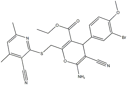 ethyl 6-amino-4-(3-bromo-4-methoxyphenyl)-5-cyano-2-{[(3-cyano-4,6-dimethyl-2-pyridinyl)sulfanyl]methyl}-4H-pyran-3-carboxylate Struktur