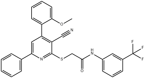 2-{[3-cyano-4-(2-methoxyphenyl)-6-phenyl-2-pyridinyl]sulfanyl}-N-[3-(trifluoromethyl)phenyl]acetamide Struktur