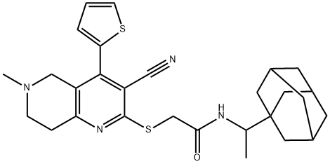 N-[1-(1-adamantyl)ethyl]-2-{[3-cyano-6-methyl-4-(2-thienyl)-5,6,7,8-tetrahydro[1,6]naphthyridin-2-yl]sulfanyl}acetamide Struktur