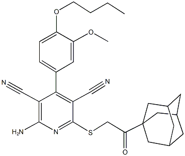 2-{[2-(1-adamantyl)-2-oxoethyl]sulfanyl}-6-amino-4-(4-butoxy-3-methoxyphenyl)-3,5-pyridinedicarbonitrile Struktur