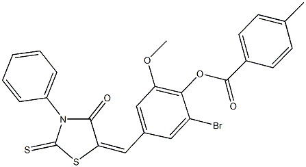 2-bromo-6-methoxy-4-[(4-oxo-3-phenyl-2-thioxo-1,3-thiazolidin-5-ylidene)methyl]phenyl 4-methylbenzoate Struktur