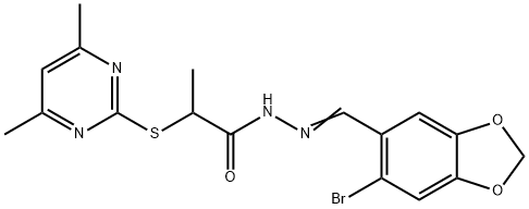 N'-[(6-bromo-1,3-benzodioxol-5-yl)methylene]-2-[(4,6-dimethyl-2-pyrimidinyl)sulfanyl]propanohydrazide Struktur