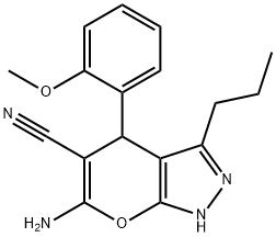 6-amino-4-(2-methoxyphenyl)-3-propyl-2,4-dihydropyrano[2,3-c]pyrazole-5-carbonitrile Struktur