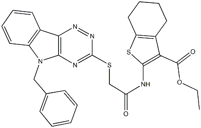 ethyl 2-({[(5-benzyl-5H-[1,2,4]triazino[5,6-b]indol-3-yl)sulfanyl]acetyl}amino)-4,5,6,7-tetrahydro-1-benzothiophene-3-carboxylate Struktur