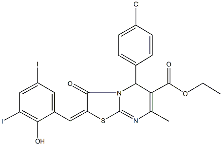 ethyl 5-(4-chlorophenyl)-2-(2-hydroxy-3,5-diiodobenzylidene)-7-methyl-3-oxo-2,3-dihydro-5H-[1,3]thiazolo[3,2-a]pyrimidine-6-carboxylate Struktur