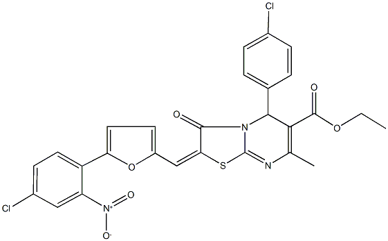 ethyl 2-[(5-{4-chloro-2-nitrophenyl}-2-furyl)methylene]-5-(4-chlorophenyl)-7-methyl-3-oxo-2,3-dihydro-5H-[1,3]thiazolo[3,2-a]pyrimidine-6-carboxylate Struktur