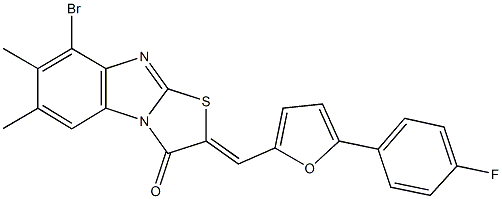 8-bromo-2-{[5-(4-fluorophenyl)-2-furyl]methylene}-6,7-dimethyl[1,3]thiazolo[3,2-a]benzimidazol-3(2H)-one Struktur