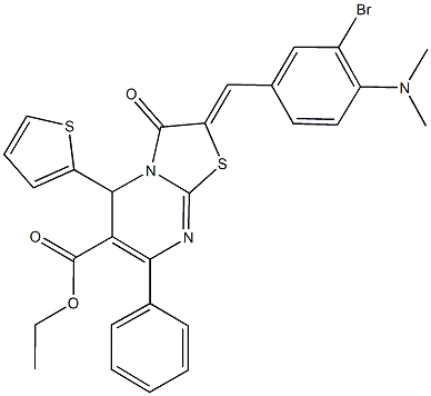 ethyl 2-[3-bromo-4-(dimethylamino)benzylidene]-3-oxo-7-phenyl-5-(2-thienyl)-2,3-dihydro-5H-[1,3]thiazolo[3,2-a]pyrimidine-6-carboxylate Struktur