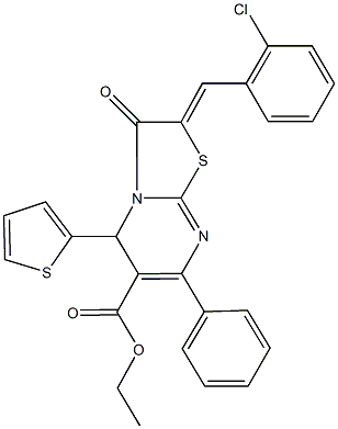 ethyl 2-(2-chlorobenzylidene)-3-oxo-7-phenyl-5-(2-thienyl)-2,3-dihydro-5H-[1,3]thiazolo[3,2-a]pyrimidine-6-carboxylate Struktur