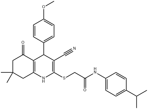 2-{[3-cyano-4-(4-methoxyphenyl)-7,7-dimethyl-5-oxo-1,4,5,6,7,8-hexahydro-2-quinolinyl]sulfanyl}-N-(4-isopropylphenyl)acetamide Struktur