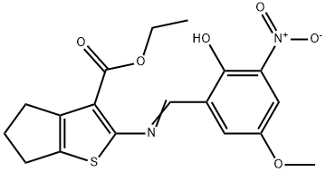 ethyl 2-({2-hydroxy-3-nitro-5-methoxybenzylidene}amino)-5,6-dihydro-4H-cyclopenta[b]thiophene-3-carboxylate Struktur