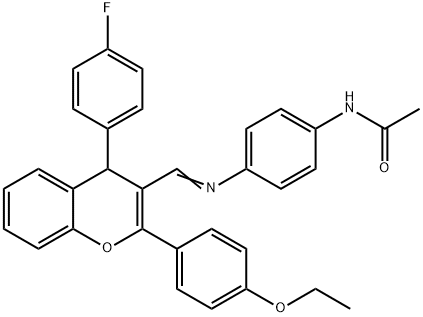 N-[4-({[2-(4-ethoxyphenyl)-4-(4-fluorophenyl)-4H-chromen-3-yl]methylene}amino)phenyl]acetamide Struktur