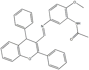 N-(5-{[(2,4-diphenyl-4H-chromen-3-yl)methylene]amino}-2-methoxyphenyl)acetamide Struktur