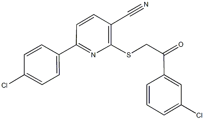 6-(4-chlorophenyl)-2-{[2-(3-chlorophenyl)-2-oxoethyl]sulfanyl}nicotinonitrile Struktur