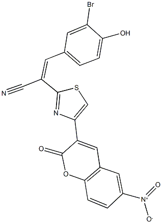 3-(3-bromo-4-hydroxyphenyl)-2-(4-{6-nitro-2-oxo-2H-chromen-3-yl}-1,3-thiazol-2-yl)acrylonitrile Struktur