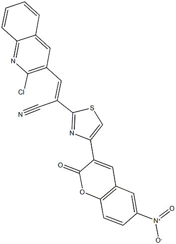 3-(2-chloro-3-quinolinyl)-2-(4-{6-nitro-2-oxo-2H-chromen-3-yl}-1,3-thiazol-2-yl)acrylonitrile Struktur