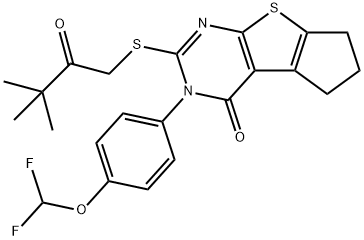 3-[4-(difluoromethoxy)phenyl]-2-[(3,3-dimethyl-2-oxobutyl)sulfanyl]-3,5,6,7-tetrahydro-4H-cyclopenta[4,5]thieno[2,3-d]pyrimidin-4-one Struktur