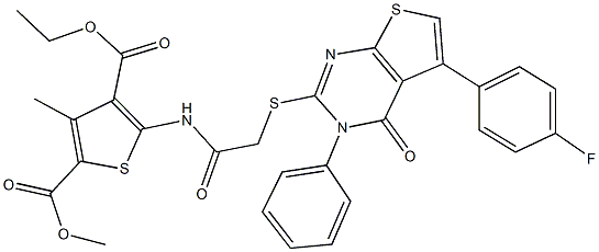 4-ethyl 2-methyl 5-[({[5-(4-fluorophenyl)-4-oxo-3-phenyl-3,4-dihydrothieno[2,3-d]pyrimidin-2-yl]sulfanyl}acetyl)amino]-3-methyl-2,4-thiophenedicarboxylate Struktur