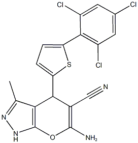 6-amino-3-methyl-4-(5-(2,4,6-trichlorophenyl)thien-2-yl)-1,4-dihydropyrano[2,3-c]pyrazole-5-carbonitrile Struktur