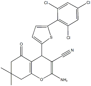 2-amino-7,7-dimethyl-5-oxo-4-(5-(2,4,6-trichlorophenyl)thien-2-yl)-5,6,7,8-tetrahydro-4H-chromene-3-carbonitrile Struktur