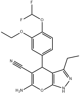 6-amino-4-[4-(difluoromethoxy)-3-ethoxyphenyl]-3-ethyl-1,4-dihydropyrano[2,3-c]pyrazole-5-carbonitrile Struktur