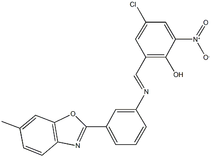 4-chloro-2-nitro-6-({[3-(6-methyl-1,3-benzoxazol-2-yl)phenyl]imino}methyl)phenol Struktur