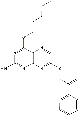 2-{[2-amino-4-(pentyloxy)-7-pteridinyl]sulfanyl}-1-phenylethanone Struktur