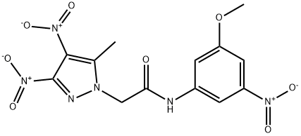 2-{3,4-bisnitro-5-methyl-1H-pyrazol-1-yl}-N-{3-nitro-5-methoxyphenyl}acetamide Struktur