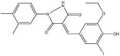 1-(3,4-dimethylphenyl)-4-(3-ethoxy-4-hydroxy-5-iodobenzylidene)-3,5-pyrazolidinedione Struktur