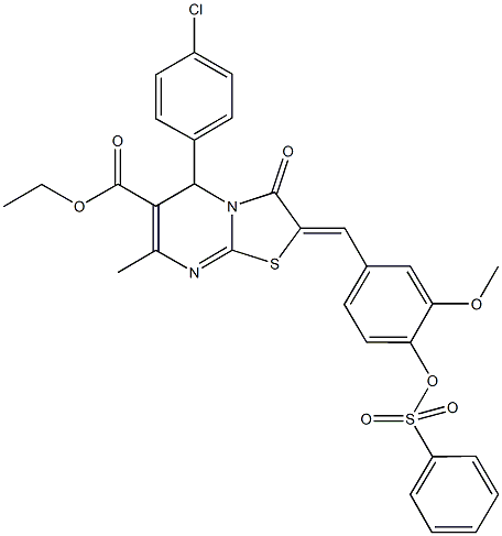 ethyl 5-(4-chlorophenyl)-2-{3-methoxy-4-[(phenylsulfonyl)oxy]benzylidene}-7-methyl-3-oxo-2,3-dihydro-5H-[1,3]thiazolo[3,2-a]pyrimidine-6-carboxylate Struktur