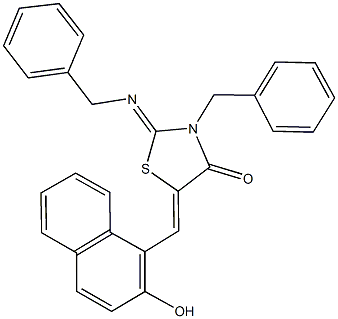 3-benzyl-2-(benzylimino)-5-[(2-hydroxy-1-naphthyl)methylene]-1,3-thiazolidin-4-one Struktur