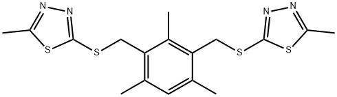 2-methyl-5-[(2,4,6-trimethyl-3-{[(5-methyl-1,3,4-thiadiazol-2-yl)sulfanyl]methyl}benzyl)sulfanyl]-1,3,4-thiadiazole Struktur