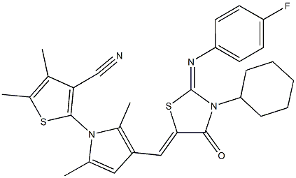 2-[3-({3-cyclohexyl-2-[(4-fluorophenyl)imino]-4-oxo-1,3-thiazolidin-5-ylidene}methyl)-2,5-dimethyl-1H-pyrrol-1-yl]-4,5-dimethyl-3-thiophenecarbonitrile Struktur