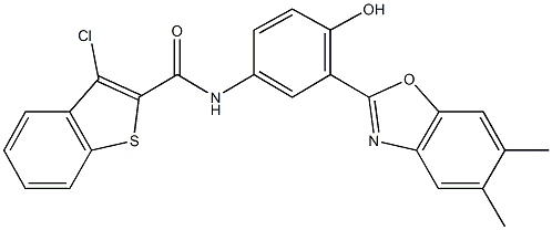 3-chloro-N-[3-(5,6-dimethyl-1,3-benzoxazol-2-yl)-4-hydroxyphenyl]-1-benzothiophene-2-carboxamide Struktur