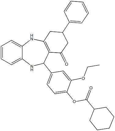 2-ethoxy-4-(1-oxo-3-phenyl-2,3,4,5,10,11-hexahydro-1H-dibenzo[b,e][1,4]diazepin-11-yl)phenyl cyclohexanecarboxylate Struktur