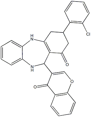 3-(2-chlorophenyl)-11-(4-oxo-4H-chromen-3-yl)-2,3,4,5,10,11-hexahydro-1H-dibenzo[b,e][1,4]diazepin-1-one Struktur