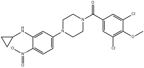 1-{3-(cyclopropylamino)-4-nitrophenyl}-4-(3,5-dichloro-4-methoxybenzoyl)piperazine Struktur