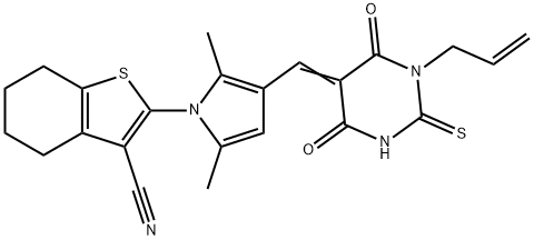 2-{3-[(1-allyl-4,6-dioxo-2-thioxotetrahydro-5(2H)-pyrimidinylidene)methyl]-2,5-dimethyl-1H-pyrrol-1-yl}-4,5,6,7-tetrahydro-1-benzothiophene-3-carbonitrile Struktur