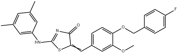 2-[(3,5-dimethylphenyl)imino]-5-{4-[(4-fluorobenzyl)oxy]-3-methoxybenzylidene}-1,3-thiazolidin-4-one Struktur