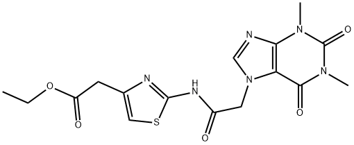 ethyl (2-{[(1,3-dimethyl-2,6-dioxo-1,2,3,6-tetrahydro-7H-purin-7-yl)acetyl]amino}-1,3-thiazol-4-yl)acetate Struktur