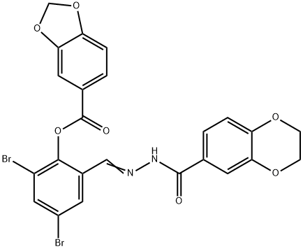 2,4-dibromo-6-[2-(2,3-dihydro-1,4-benzodioxin-6-ylcarbonyl)carbohydrazonoyl]phenyl 1,3-benzodioxole-5-carboxylate Struktur