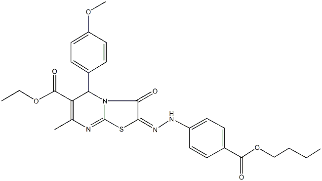 ethyl 2-{[4-(butoxycarbonyl)phenyl]hydrazono}-5-(4-methoxyphenyl)-7-methyl-3-oxo-2,3-dihydro-5H-[1,3]thiazolo[3,2-a]pyrimidine-6-carboxylate Struktur