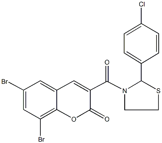 6,8-dibromo-3-{[2-(4-chlorophenyl)-1,3-thiazolidin-3-yl]carbonyl}-2H-chromen-2-one Struktur