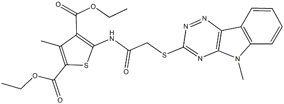 diethyl 3-methyl-5-({[(5-methyl-5H-[1,2,4]triazino[5,6-b]indol-3-yl)sulfanyl]acetyl}amino)-2,4-thiophenedicarboxylate Struktur