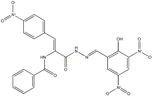 N-(1-[(2-{2-hydroxy-3,5-bisnitrobenzylidene}hydrazino)carbonyl]-2-{4-nitrophenyl}vinyl)benzamide Struktur