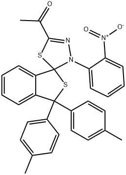 1-[1,1-bis(4-methylphenyl)-4'-(2-nitrophenyl)-1,3,4',5'-dihydrospiro(2-benzothiophene-3,5'-[1,3,4]-thiadiazole)-2'-yl]ethanone Struktur