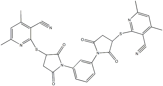 2-{[1-(3-{3-[(3-cyano-4,6-dimethyl-2-pyridinyl)sulfanyl]-2,5-dioxo-1-pyrrolidinyl}phenyl)-2,5-dioxo-3-pyrrolidinyl]sulfanyl}-4,6-dimethylnicotinonitrile Struktur